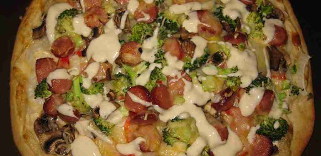 Homemade Alfredo Veggie and Hot Dog Pizza