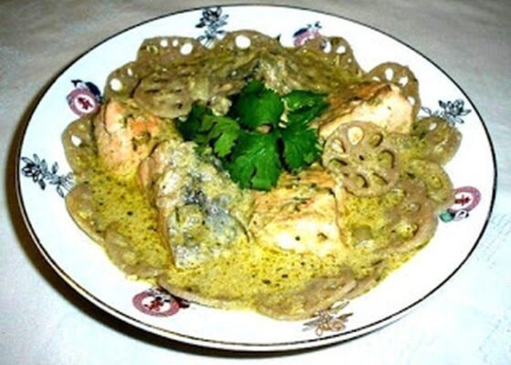 Green Curry Salmon with Lotus Shoot