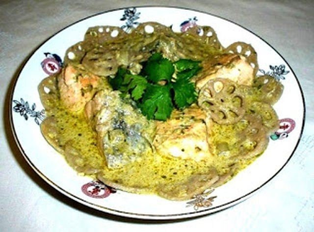 Green Curry Salmon with Lotus Shoot
