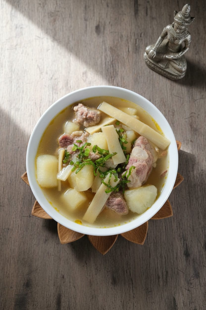 Bowl of Khmer bamboo shoots and yucca soup