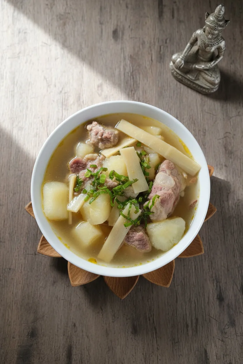 Bowl of Khmer bamboo shoots and yucca soup