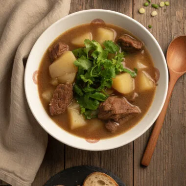 Beef and Potato Soup in a white bowl with chopped cilantro, served with crusty bread