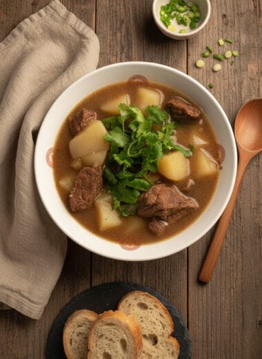 Beef and Potato Soup in a white bowl with chopped cilantro, served with crusty bread