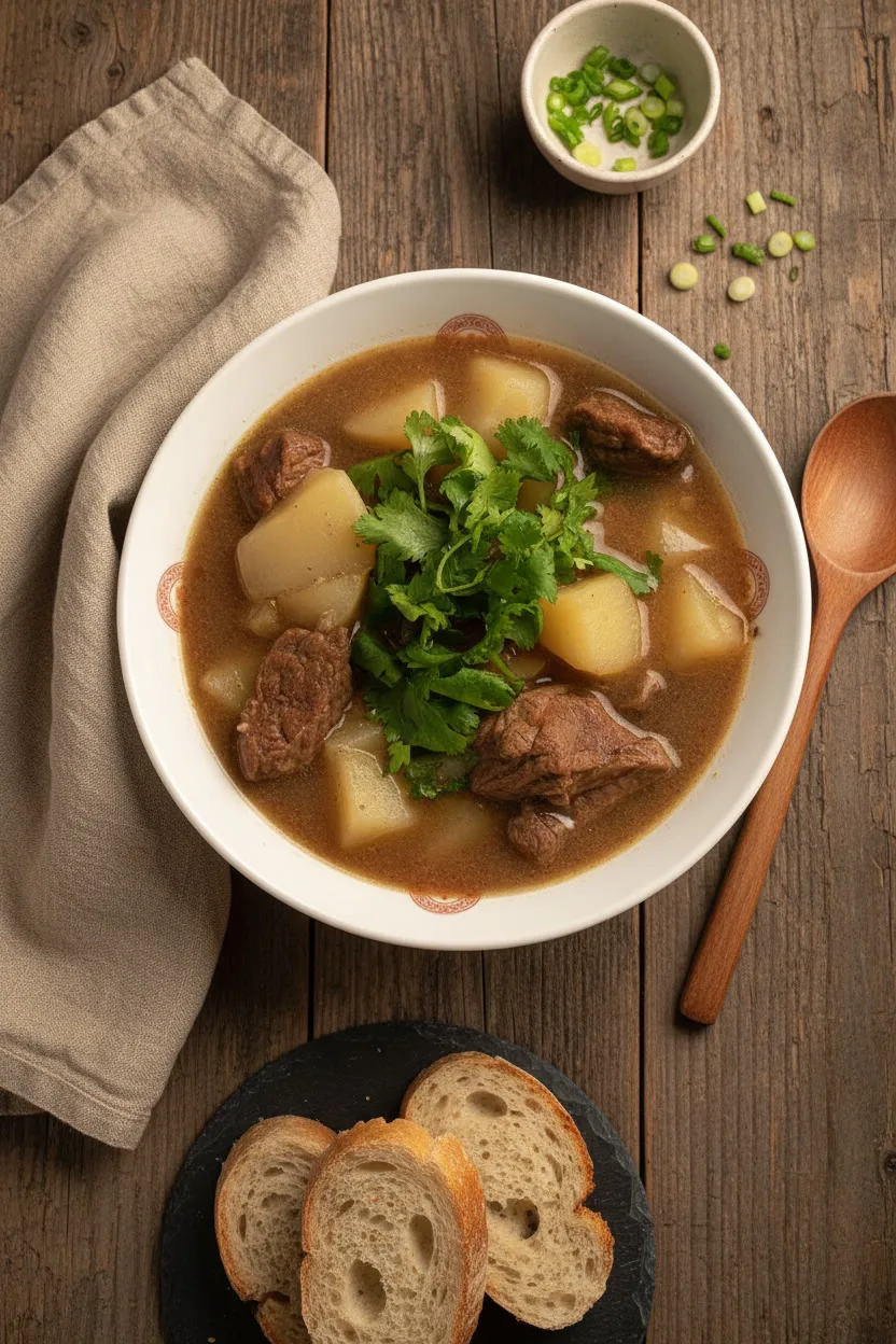 Beef and Potato Soup in a white bowl with chopped cilantro, served with crusty bread