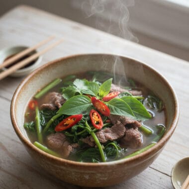 Bowl of beef water spinach sweet sour soup