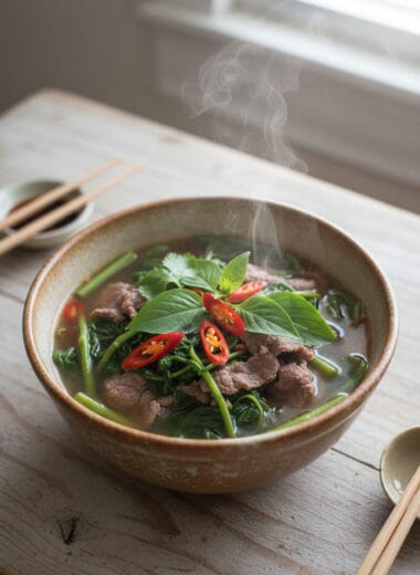 Bowl of beef water spinach sweet sour soup