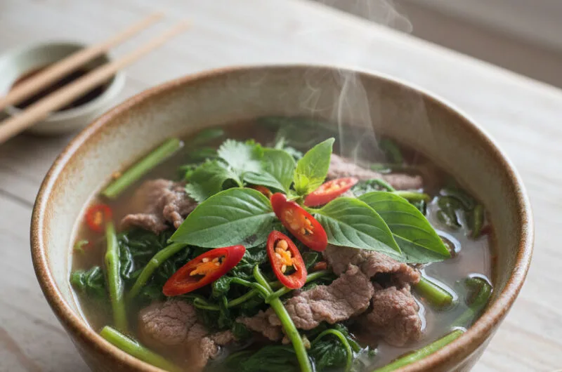 Bowl of beef water spinach sweet sour soup