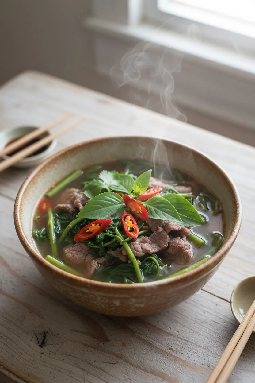 Bowl of beef water spinach sweet sour soup