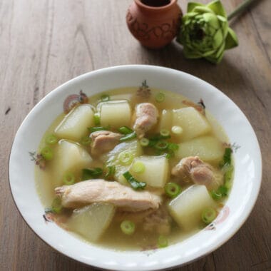 Bowl of Chicken Chayote Squash Soup with green onion