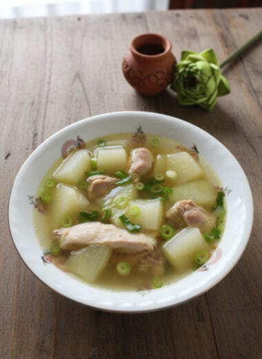 Bowl of Chicken Chayote Squash Soup with green onion