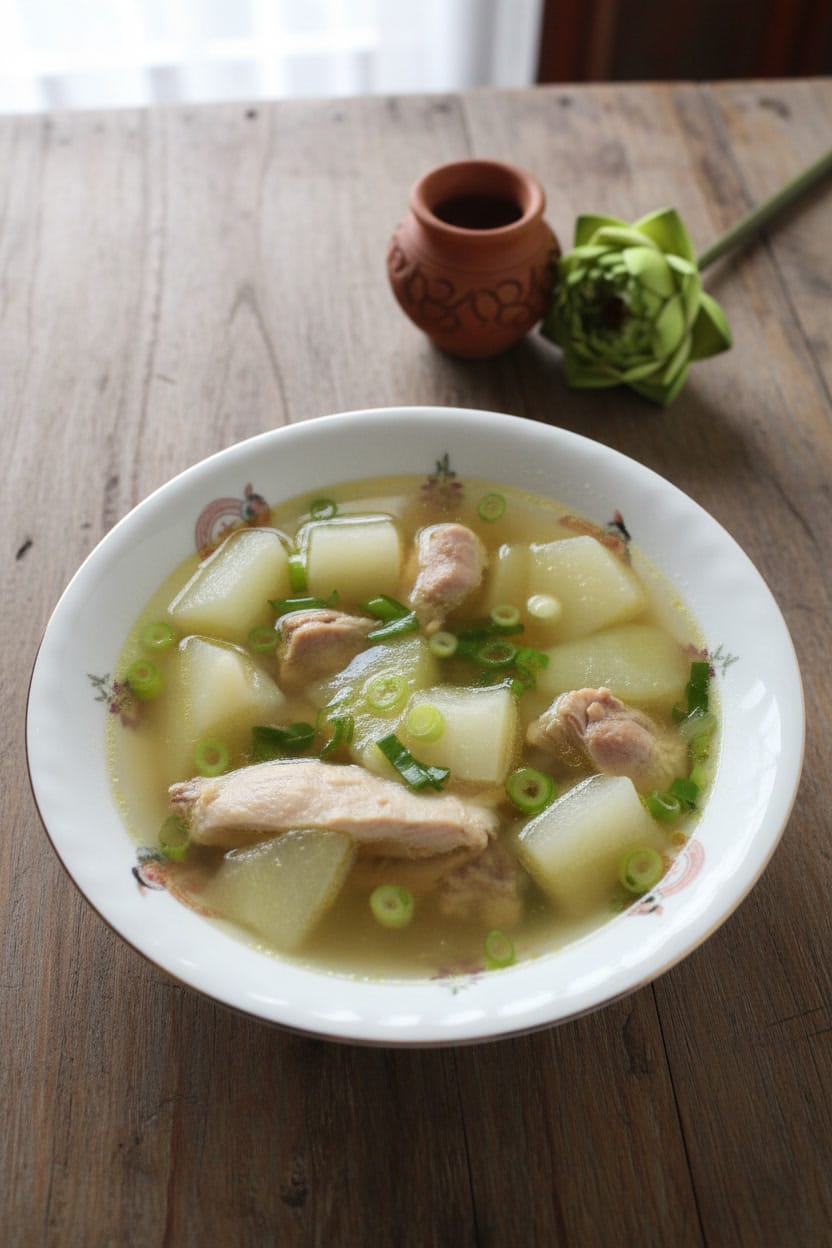 Bowl of Chicken Chayote Squash Soup with green onion