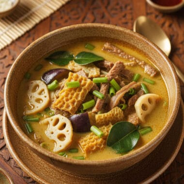 Bowl of curry beef tripe soup with coconut milk