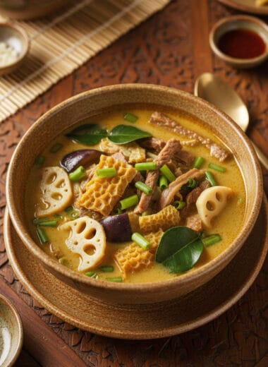 Bowl of curry beef tripe soup with coconut milk