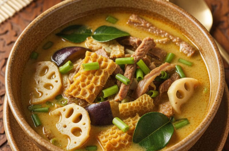 Bowl of curry beef tripe soup with coconut milk