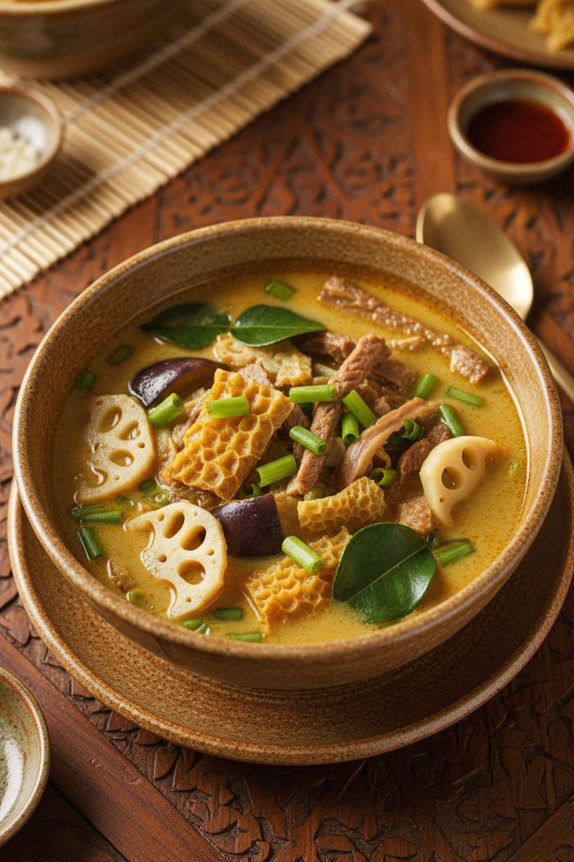 Bowl of curry beef tripe soup with coconut milk