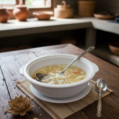 Fish Maw and Crab Soup on a wooden table