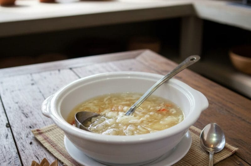 Fish Maw and Crab Soup on a wooden table