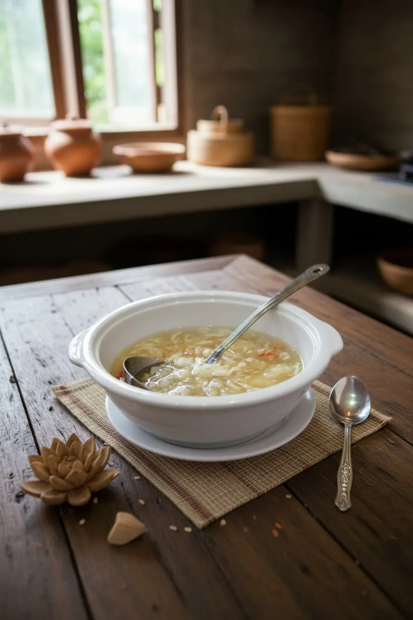 Fish Maw and Crab Soup on a wooden table