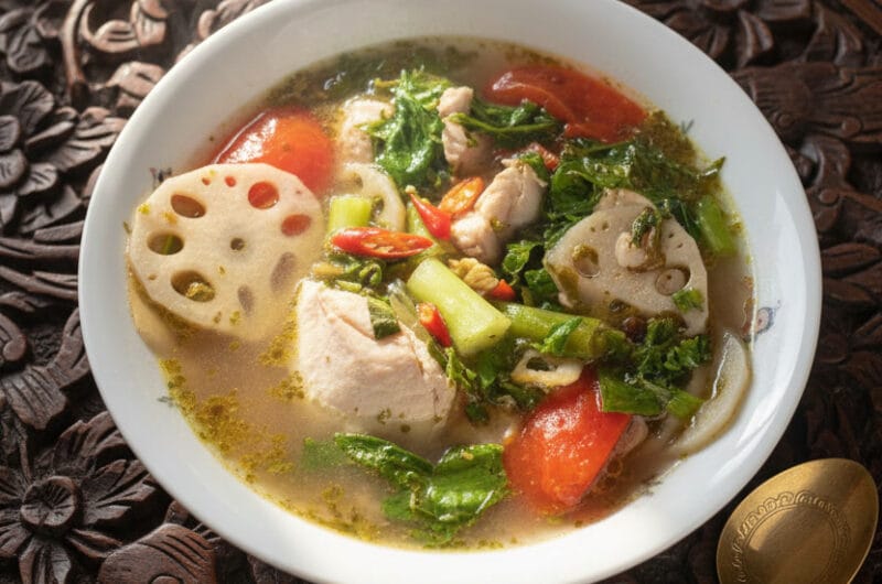 Bowl of hot sour chicken soup with lotus shoots