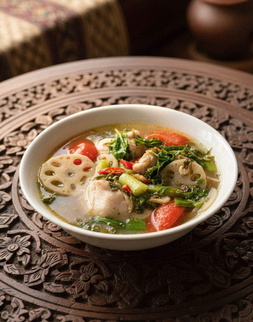 Hot Sour Chicken Soup with Lotus Shoots