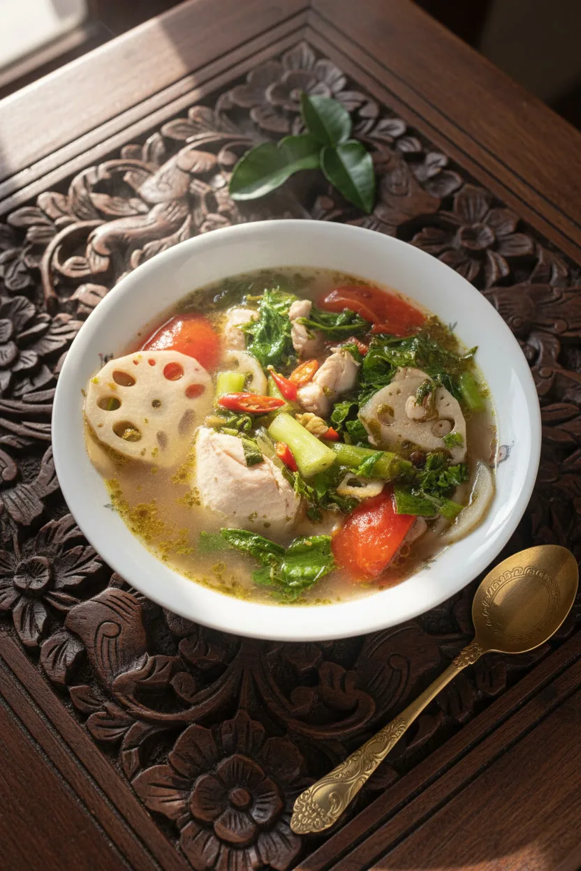 Bowl of hot sour chicken soup with lotus shoots