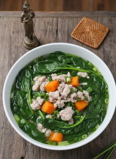 Bowl of Cambodian Malabar spinach soup
