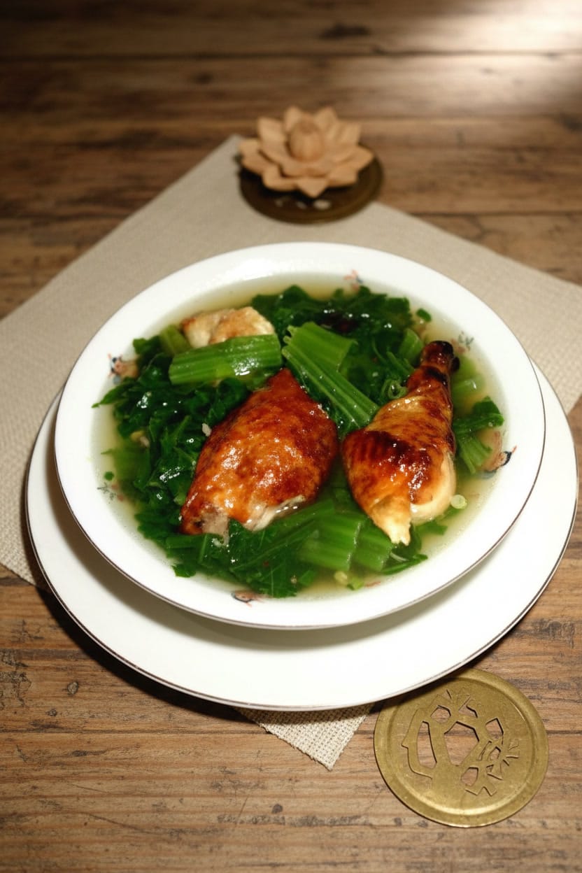 Bowl of Mustard Green Soup with Roasted Meat