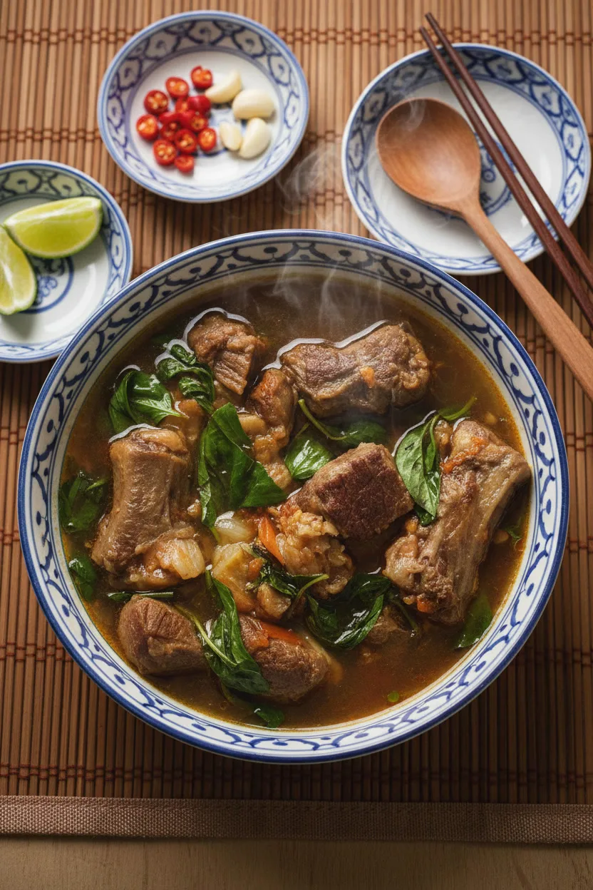 Oxtail basil stew with tender oxtail, beef, green papaya, and fresh basil