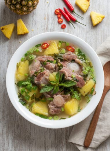 Bowl of Cambodian oxtail and pineapple soup with fresh herbs on top