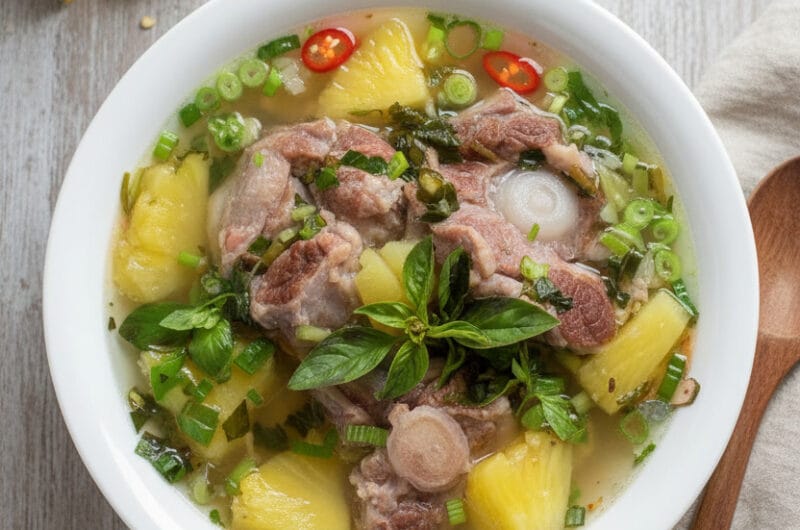 Bowl of Cambodian oxtail and pineapple soup with fresh herbs on top