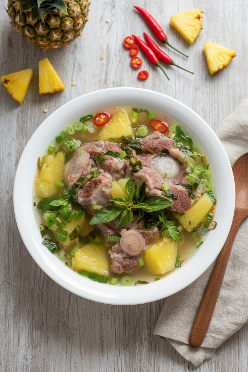 Bowl of Cambodian oxtail and pineapple soup with fresh herbs on top