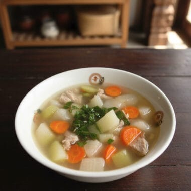pork and vegetable soup in a bowl