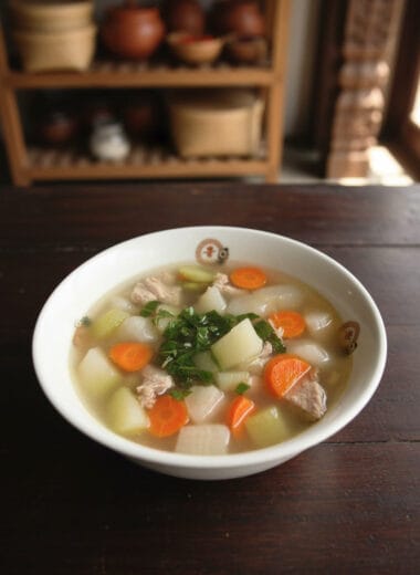 pork and vegetable soup in a bowl