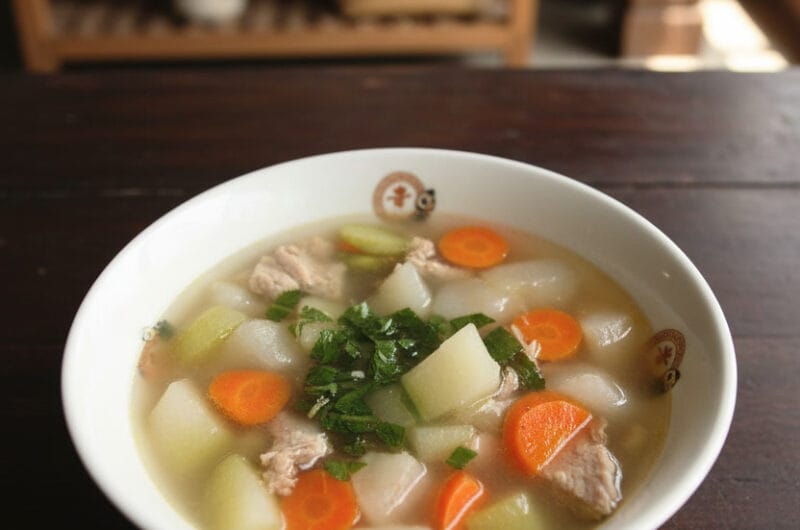pork and vegetable soup in a bowl