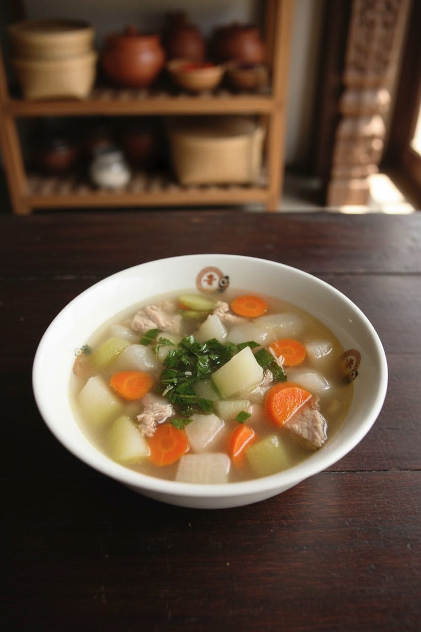 pork and vegetable soup in a bowl