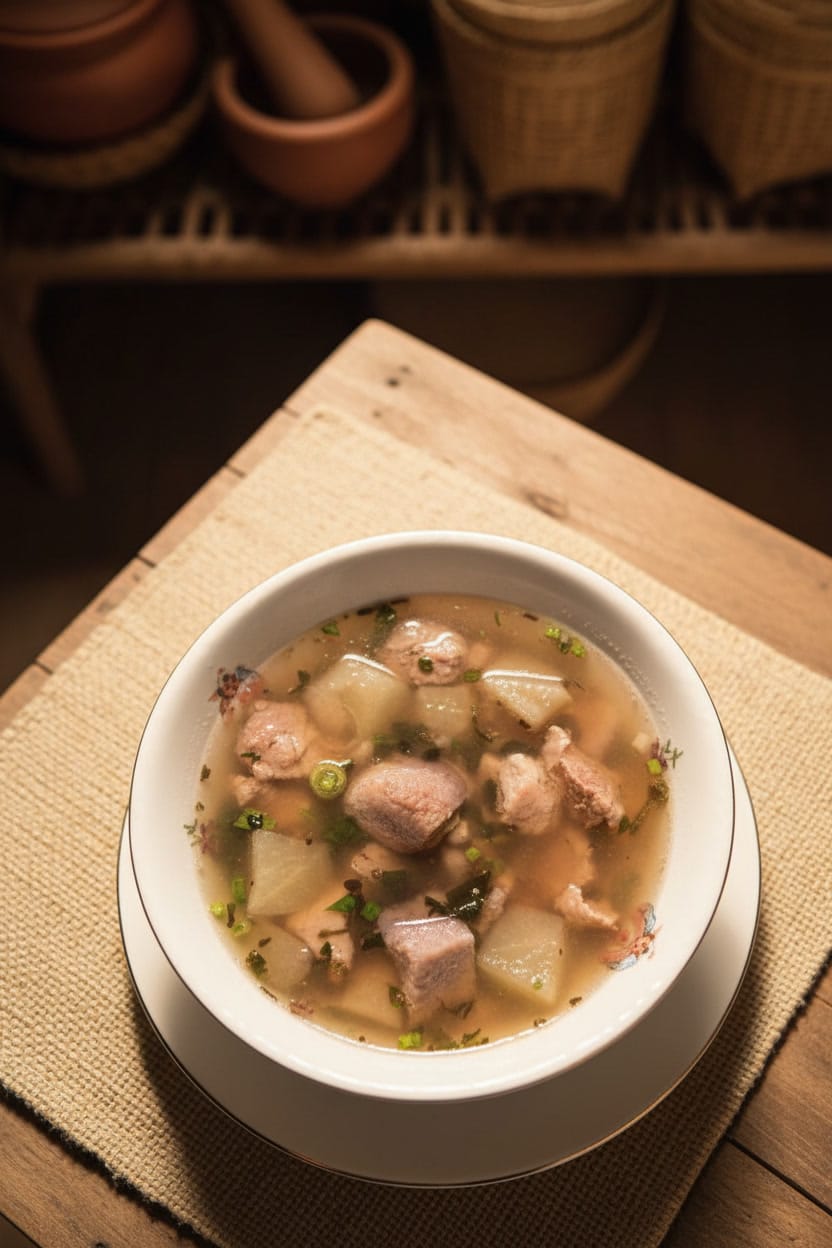 Cambodian Pork with Taro Root Soup in a bowl