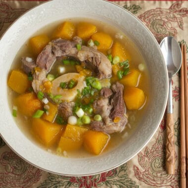 Top view of pumpkin beef shank soup