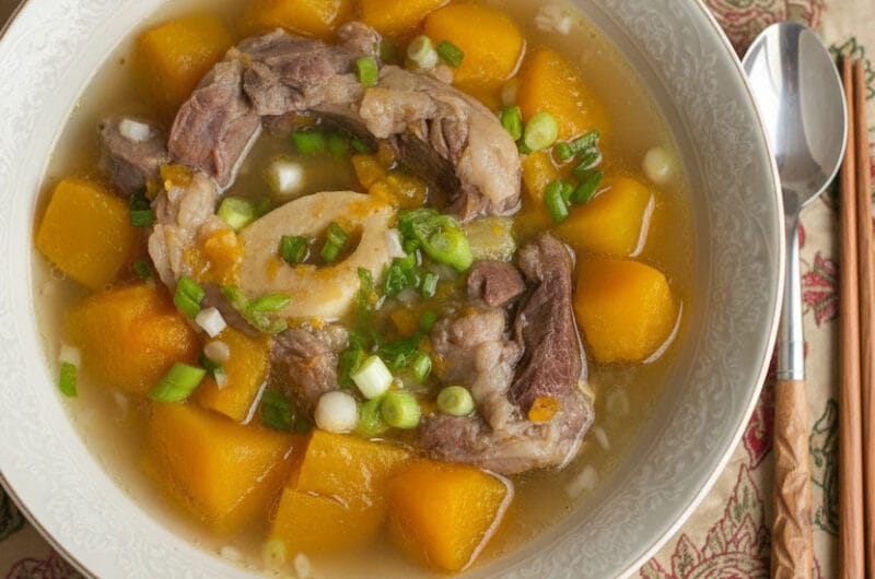 Top view of pumpkin beef shank soup