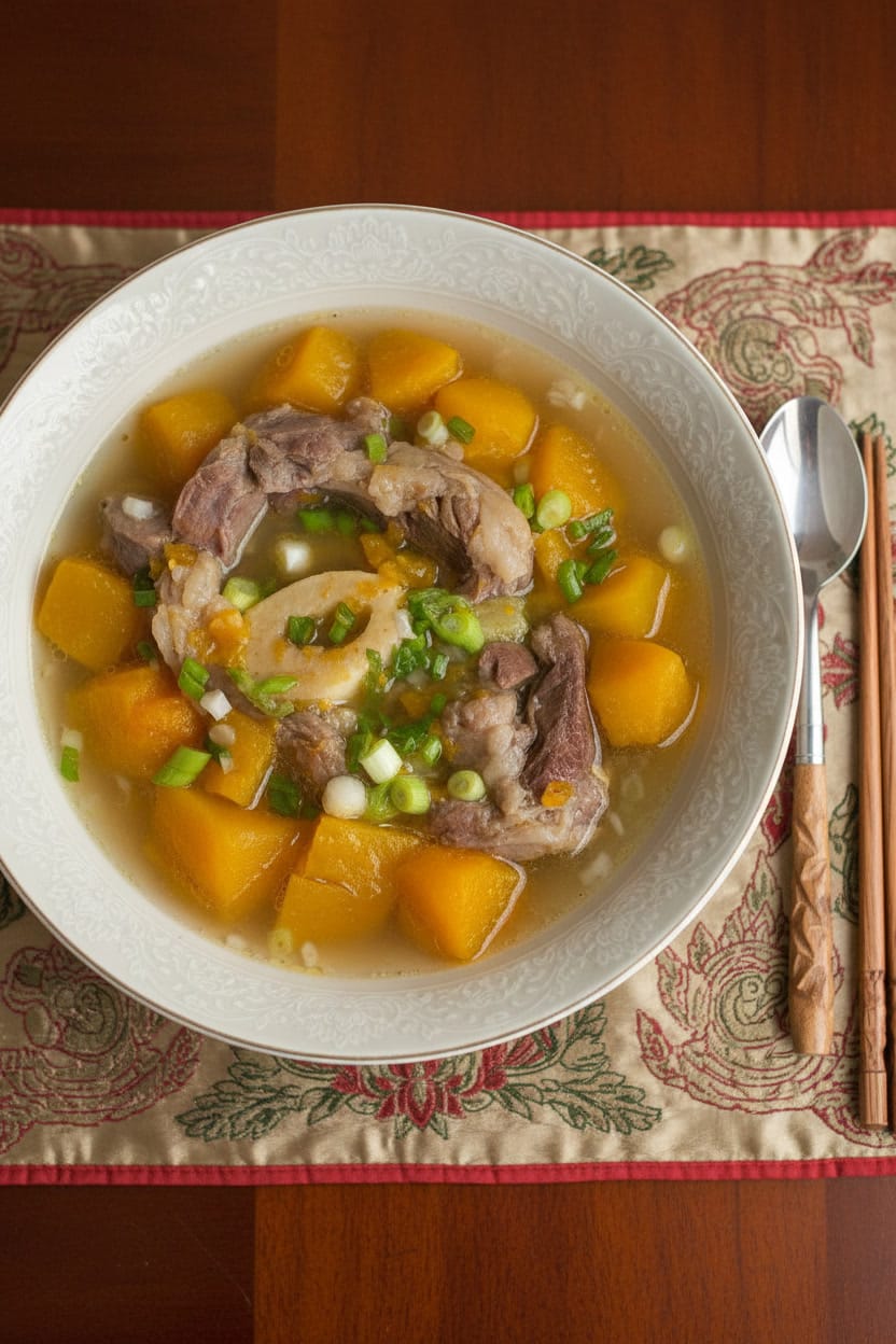 Top view of pumpkin beef shank soup