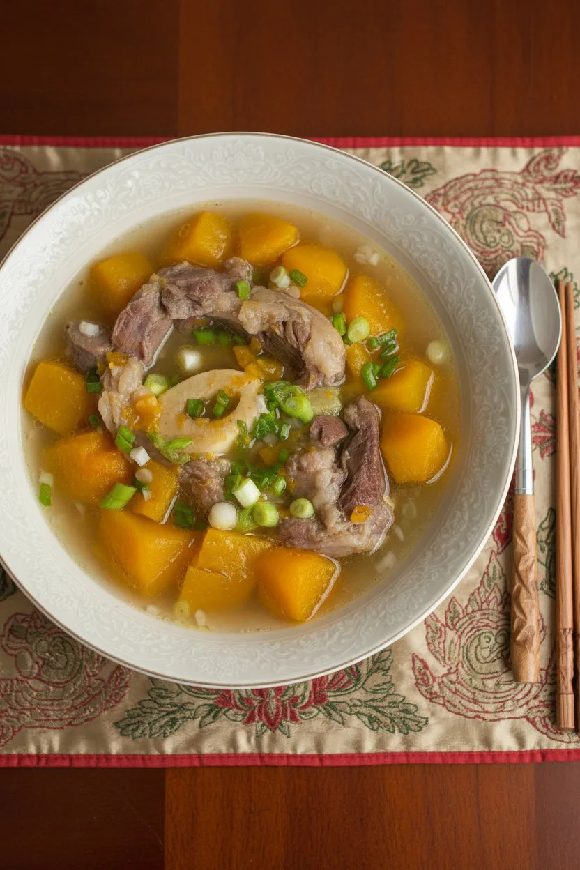 Top view of pumpkin beef shank soup