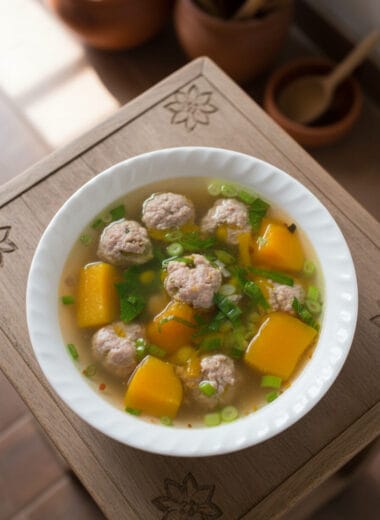 Bowl of Pumpkin and Pork Meat Balls Soup on a wooden table with Khmer-style decorations