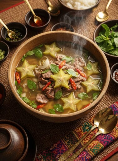 Bowl of sweet sour beef star fruit soup