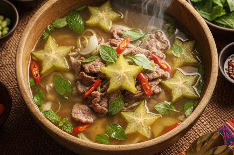 Bowl of sweet sour beef star fruit soup