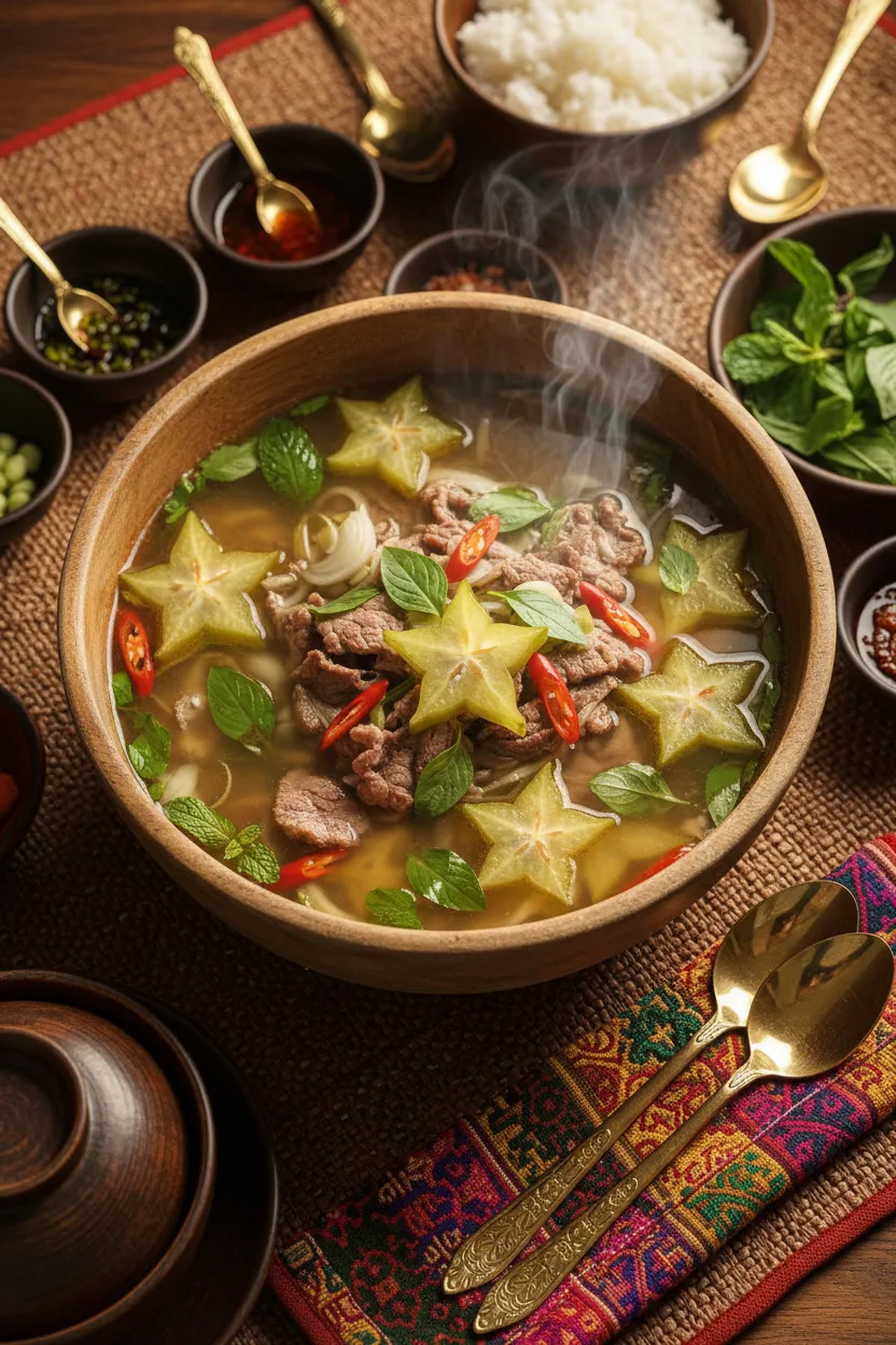 Bowl of sweet sour beef star fruit soup