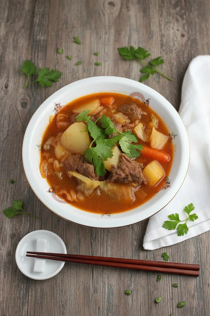 Cambodian vegetables beef soup bowl