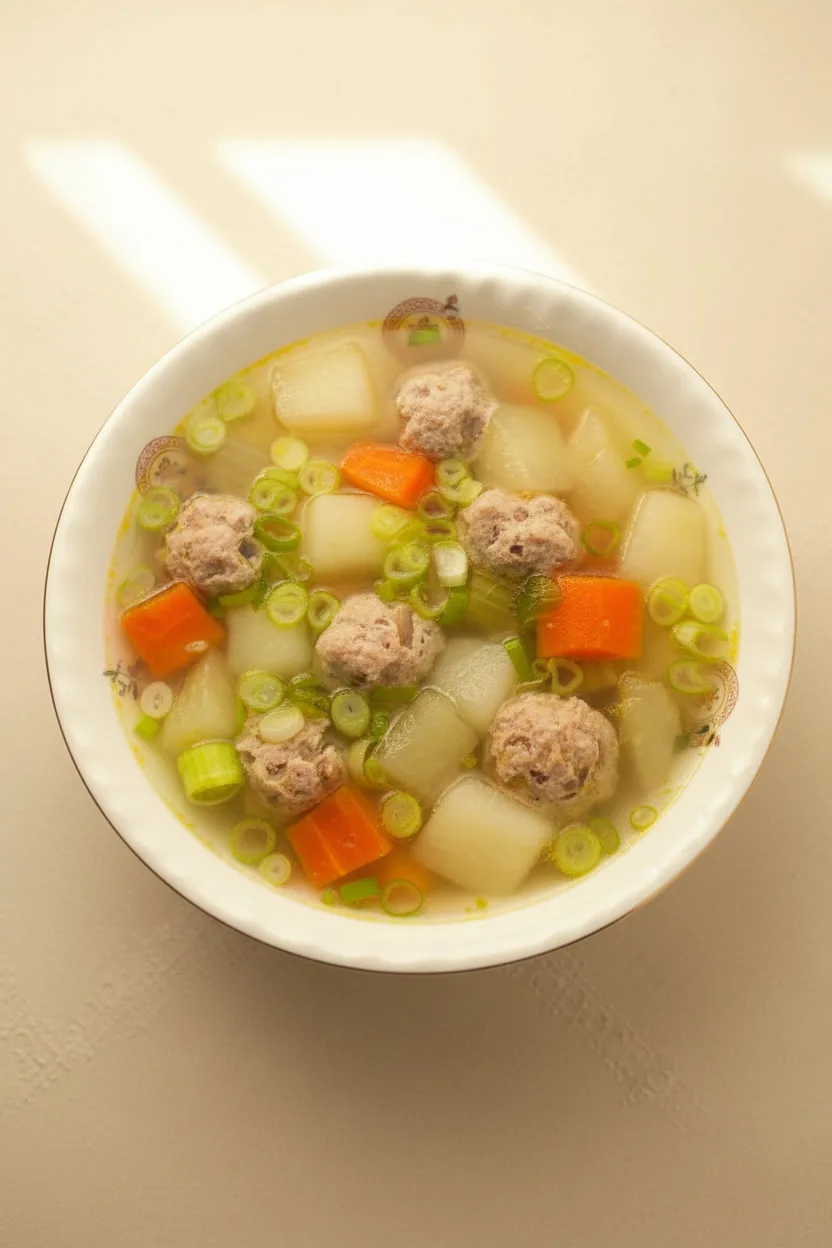 Khmer soup with pork meatballs and vegetables