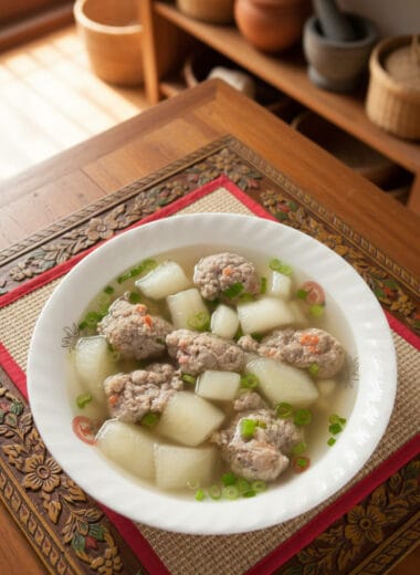 Bowl of Winter Melon Soup with Pork on a wooden table