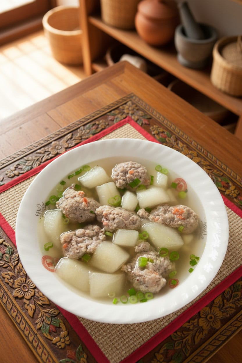 Bowl of Winter Melon Soup with Pork on a wooden table