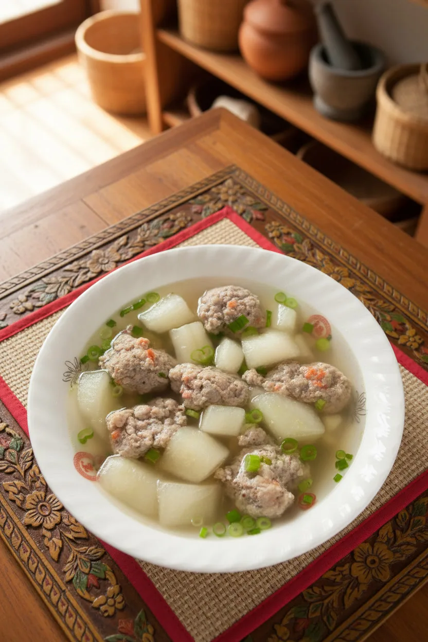 Bowl of Winter Melon Soup with Pork on a wooden table