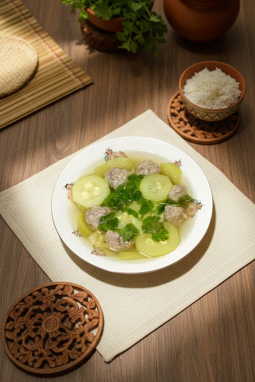 Khmer zucchini soup with grounded pork in a ceramic bowl